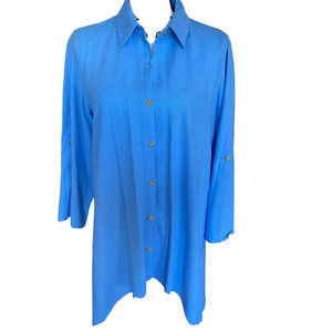 Women’s Valerie Stevens Size Medium Blue Linen Rayon Asymmetrical Buttonup